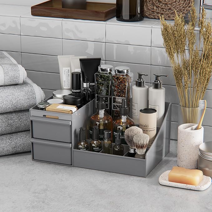 Makeup Organizer Countertop, Vanity Organizer with Drawers for Cosmetics, Skincare, Brushes, Perfume, Skincare Organizer for Vanity, Perfume Organizer for Dresser, Bathroom (Grey&2 Drawers)-NeatNest