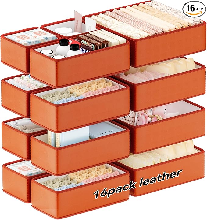 Vegan Leather Drawer Organizers,16 Pack Makeup Storage boxes,Vanity Drawer Luxury upgrade,Bedroom fabric Drawers replacement,bathroom organization and storage Optimal solution