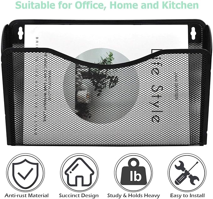EASEPRES 6 Single Pocket Mesh Hanging File Organizer, Vertical Wall Mounted Magazine File Holder, Mount Basket Mail Paper Document Folder Organizing for Office, Home and School, Black