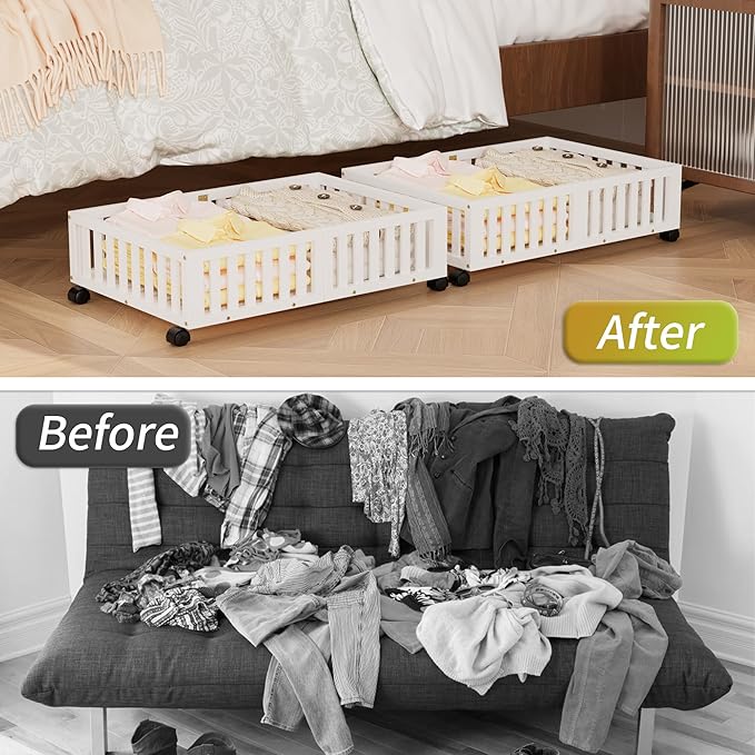 Bamboo Under Bed Storage with Wheels (2-Pack) – Rolling Underbed Shoe Organizer Box for Shoes, Blankets, Toys, Clothes Container Space-Saving Organizer Bins for Bedroom, Closet, Dorm, Nursery-NeatNest