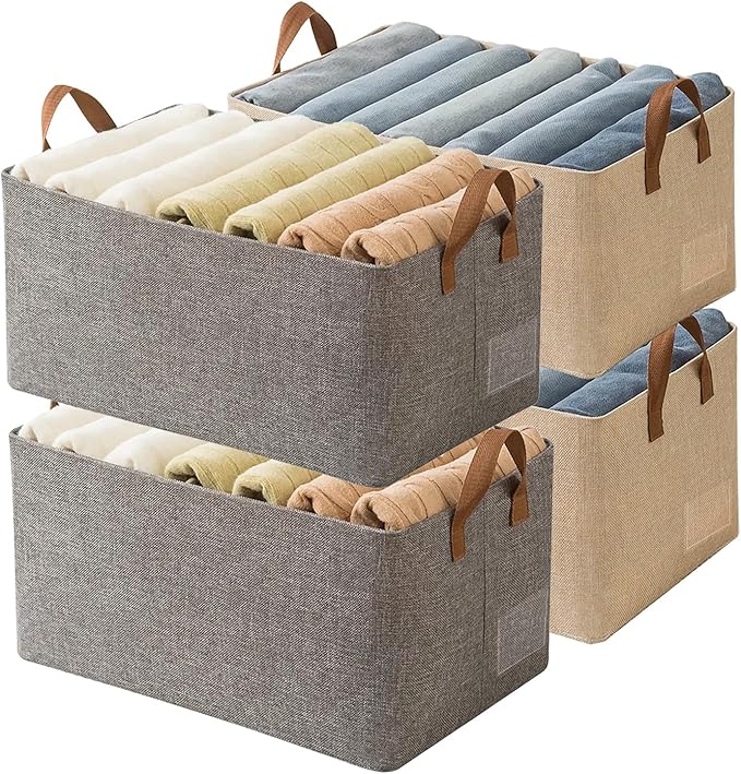 AARAINBOW 4 Pcs Closet Clothes Organizer with Handle, Closet Shelf Fabric Storage Box Steel Frame, Stackable Shelf Storage Baskets Foldable Wardrobe Storage Box for Clothes Toys, 23L (2 Gray 2 Beige)-NeatNest