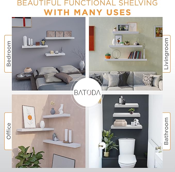 BATODA Set of 2 17" White Floating Shelves Wall Mounted for Bathroom – Wooden Decorative Wall Bookshelf - Storage Shelf Organizer for Home, Bedroom, Kitchen - Black Bracket, Shelving Mounting Included-NeatNest