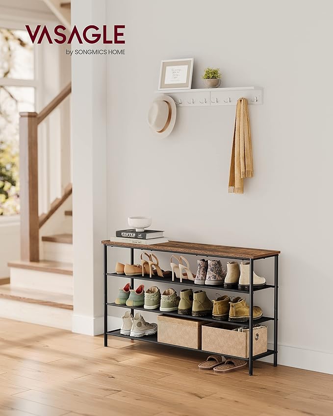 VASAGLE Shoe Rack, 4-Tier Shoe Storage Organizer for Entryway and Closet, Holds 15-18 Pairs of Shoes, 3 Fabric Shelves, Steel Frame, Industrial, Rustic Brown and Black ULBS135B01-NeatNest