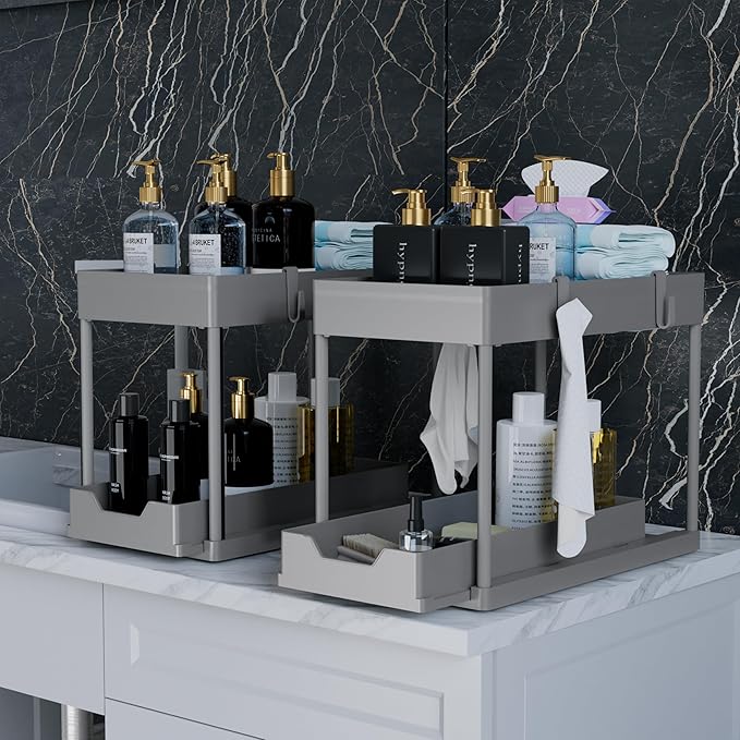 Under Sink Organizer 2 Pack,Bathroom Cabinet Organizer,2 Tier Sliding Cabinet Basket Organizer Drawer, Multi-Purpose Bath Collection Baskets for Bathroom (Grey)-NeatNest