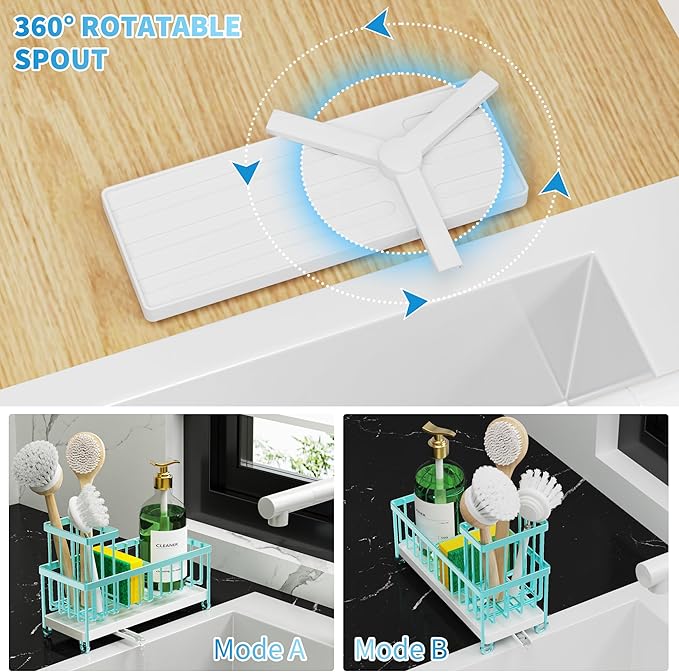 Cisily Turquoise Sponge Holder for Kitchen Sink, Sink Caddy Organizer with High Brush Holder, Kitchen Countertop Organizers and Storage Essentials, Rustproof 304 Stainless Steel, Soap Dispenser-NeatNest