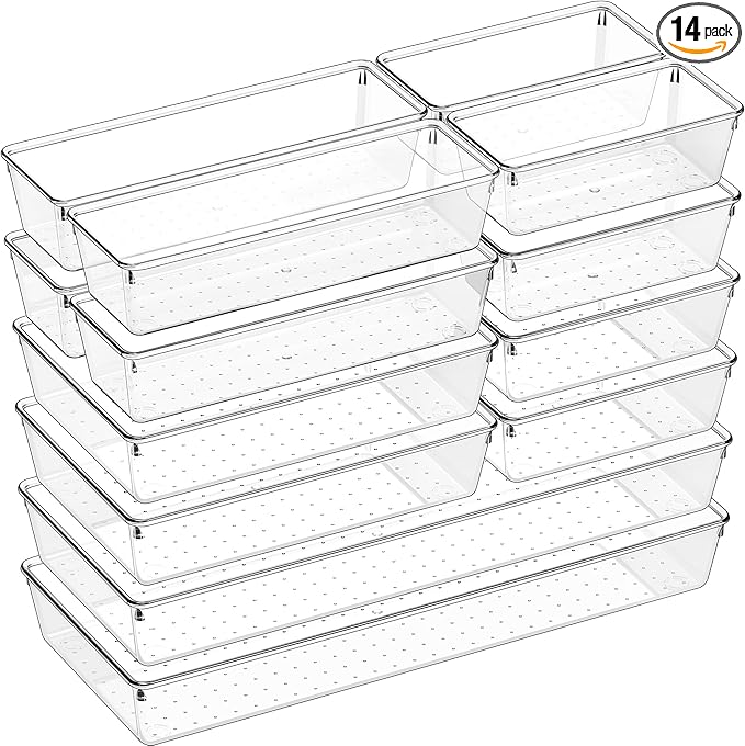 Criusia 14 PCS Clear Plastic Drawer Organizer Set - 5 Large Size Versatile Kitchen and Bathroom Organizer Trays, Non-Slip Storage Bins for Makeup, Utensils, Tool and Office Desk-NeatNest