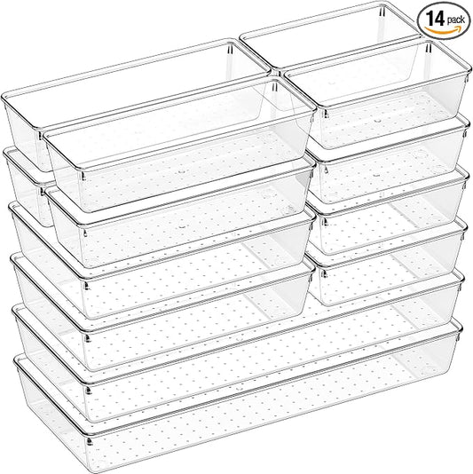 Criusia 14 PCS Clear Plastic Drawer Organizer Set - 5 Large Size Versatile Kitchen and Bathroom Organizer Trays, Non-Slip Storage Bins for Makeup, Utensils, Tool and Office Desk-NeatNest