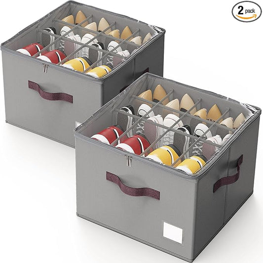 Criusia Shoe Organizer for Closet, 2 Pack Shoe Organizer with Transparent Cover and Sturdy Handles, Closet Shoe Storage for Sneakers Sandals Slippers, Fit 12-16 Pairs, Gray-NeatNest
