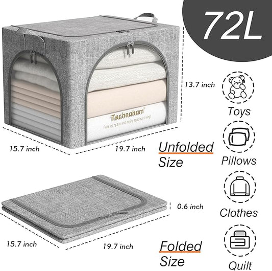 Clothes Storage Bins with Lids, 3 Pack Foldable Fabric Storage Bins with Metal Frame, Linen Closet Organizers and Storage Box With Clear Window and Carrying Handles-NeatNest