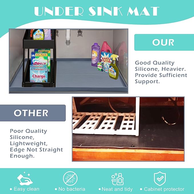 URMONA Waterproof Silicone Under Sink Mat 34'' x 22'' Shelf Liner for Kitchen and Bathroom, Cabinet and Counter Protector, Storage and Organizers, Litter Mat, Pet Cat Puppy Essentials(Black)-NeatNest
