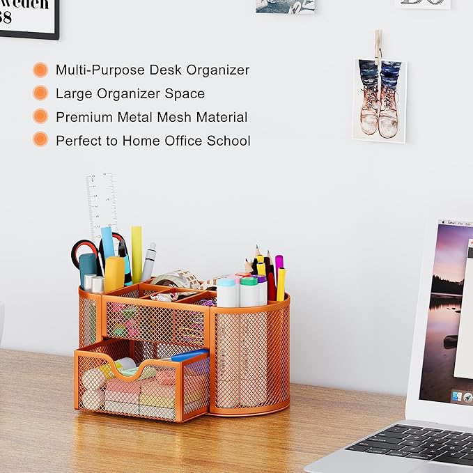 EasyPAG Mesh Desk Organizer, Multi-functional Stationery Organizer for School Supplies, Office Pen Holder for Desk, 9 Compartments Dorm Organization with Drawer, Orange