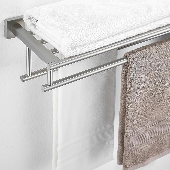 Bathroom Towel Rack with Double Towel Bar Bathroom Hotel Shower Shelf SUS304 Stainless Steel Modern Wall Mounted Holder 28 Inch Brushed Nickel