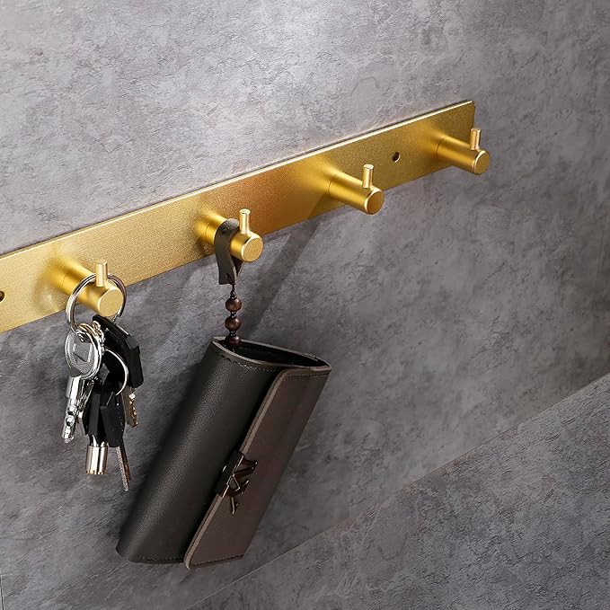 Adhesive Bathroom Gold Hook Rail, 6 Brushed Gold Wall Key Hooks Rack Hanger Towel Robe Stick Door Hooks for Bathroom Toilet Entryway Hallway Kitchen Wall Mounted