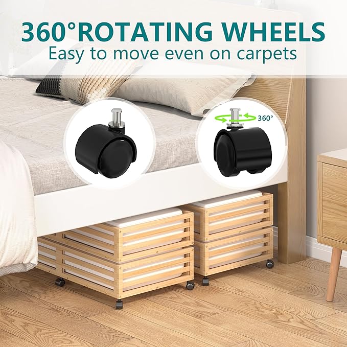 Bamboo Under Bed Storage Containers- Underbed Organizer with Wheels with Large Capacity Dust Bag,Sturdy Wood Rolling Under Bed Shoe Storage Organizer 2 Packs (Nature, 2 Packs (33.07"×16.54"))-NeatNest