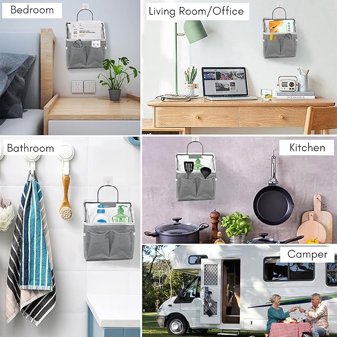 3pcs Small Wall Hanging Organizer Bag, Linen Fabric Door Hanging Storage Basket with Pockets, Waterproof Bin for Kitchen, Bedroom, Office, RV Camper (Gray)-NeatNest
