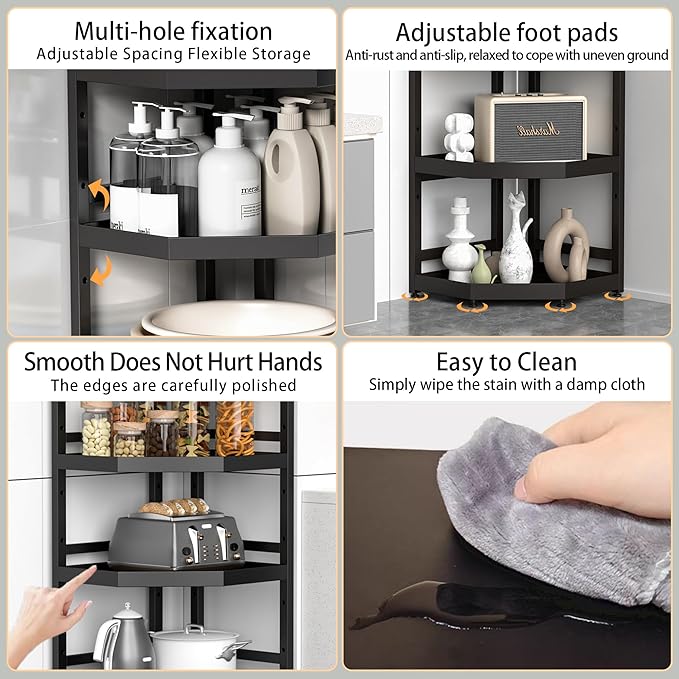 5 Tier Standing Corner Shower Caddy,Waterproof and Rust Proof,Adjustable Height,Multi-functional Tiered Storage for Shower Gel,Shampoo,Cosmetics,Kitchen Supplies,Black