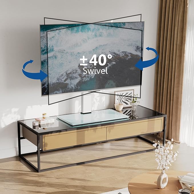 FITUEYES Universal TV Stand with Swivel Mount for 50-85 inch Flat Screens - Height Adjustable Tempered Glass Base Holds up to 143 lbs, White.