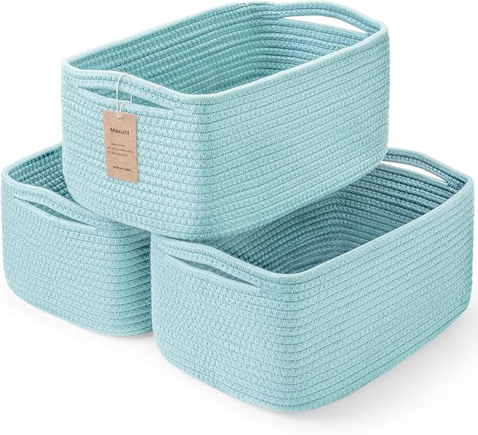 3-Pack Storage Baskets for Organizing | Woven Shelf Toy Basket | Rope Baskets for Gifts Empty | Closet Organizer Bins with Handles | Cube Decorative Box | 13.7×7.1×6.7” | Light Blue-NeatNest