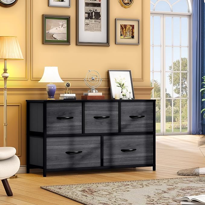 DWVO Dresser with 5 Drawers - Fabric Storage Tower, Organizer Unit for Bedroom, Living Room, Closets - Sturdy Steel Frame, Wooden Top-NeatNest
