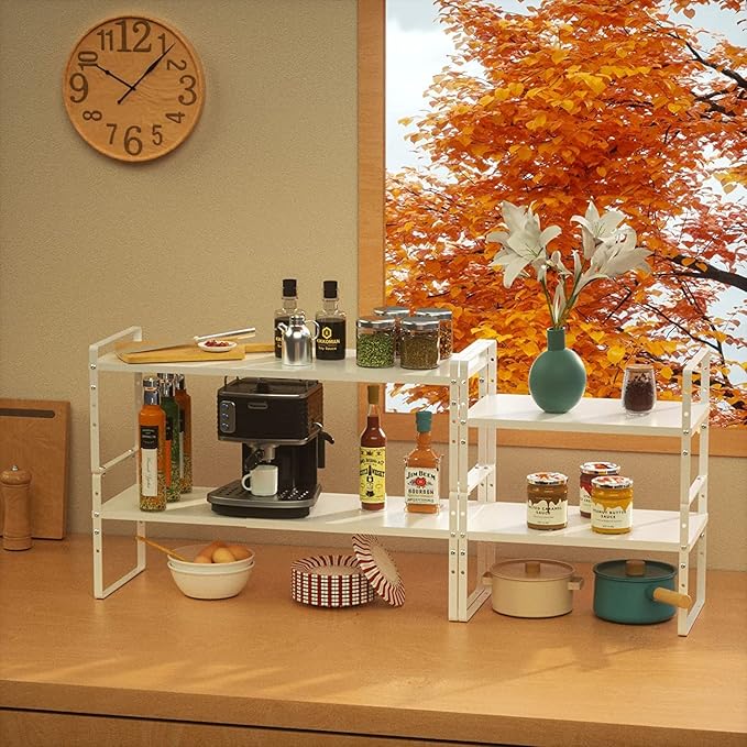Expandable Stackable Spice Rack Cabinet Shelf Organizer in Cabinets Shelves Kitchen Cupboard Organization Stack up Racks Pantry Countertop Storage Large/White 2 Packs