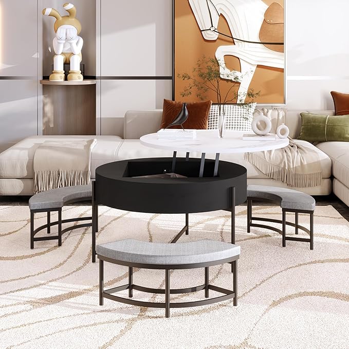 Modern Round Lift-Top Coffee Table with Storage & 3 Ottoman for Living Room White & Black