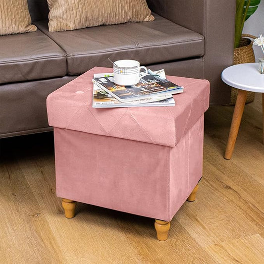 CAROLMADE Folding Storage Ottoman Cube Velvet Footstool with Wood Legs Ottoman Footrest for Living Room and Bedroom Pink, Grey 15"x12.6"x15.4"-NeatNest