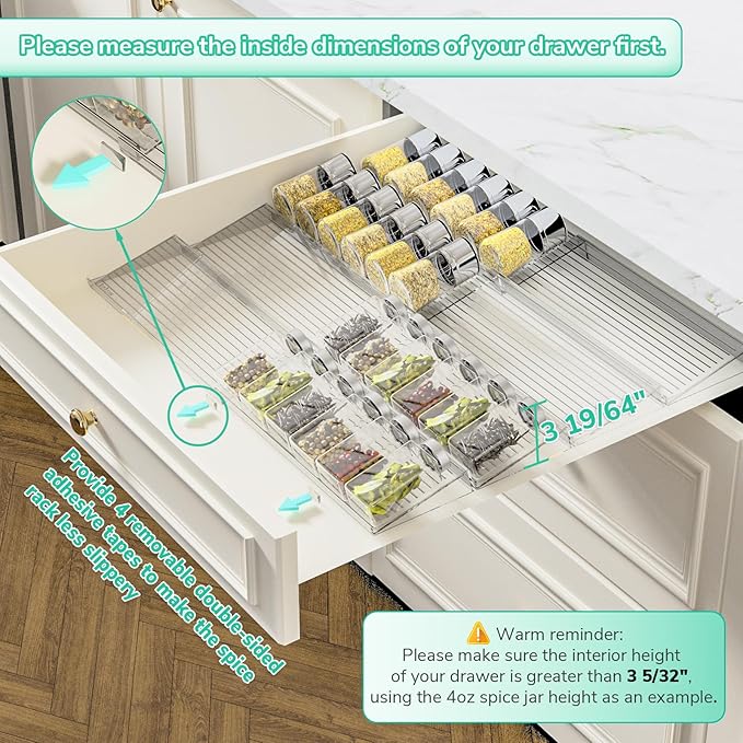 AMBIRD Spice Drawer Organizer, 4 Tier-2 Set Clear Spice Rack Tray Expandable From 11'' to 22'', Seasoning Organizer with non-slip tape for Kitchen, Cabinet, Drawers, Countertop(JARS NOT INCLUDED)-NeatNest