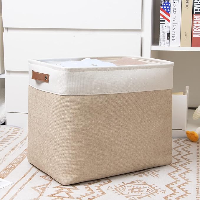 DULLEMELO Large Collapsible Storage Basket/Bin with Sturdy Leather Handles, Fabric Organizer Bin for Storage Clothes, Toys, Books, Office, Bedroom, Closet, Nursery & Laundry (White&Khaki)-NeatNest