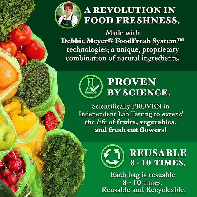 Debbie Meyer, GreenBags 40-Pack (16M, 16L, 8XL) | Reusable Storage Bags Keeps Fruit, Vegetables, Produce, Cut Flowers Fresh Longer, Kitchen & Fridge Preservation Solution, BPA Free, Made in the USA-NeatNest