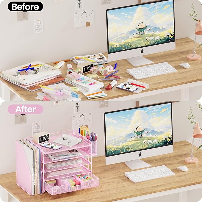 Desk Organizers and Accessories, 5-Tier Paper File Organizer with Drawer & Pen Holder, Office Desk Accessories Workspace Desktop Organizer for Office Supplies((Pink)-NeatNest