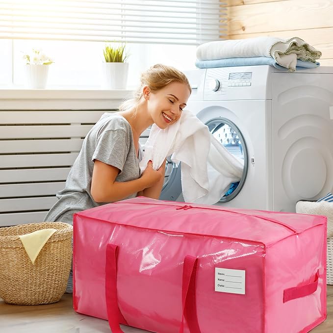 4 Pack Extra Heavy Duty Large Moving Bags with Comfortable Handle & Strong Zipper,Storage Totes for Space Saving Moving Storage College Supplies Alternative to Moving Box,Pink