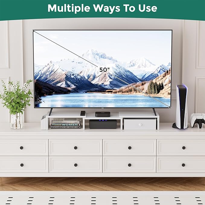 Dual Monitor Stand Riser, Adjustable Length & Swivel Angle Monitor Stand, Ergonomic Monitor Stand with Drawer & Side Pockets, Desktop Organizer and Office Desk Accessories, White