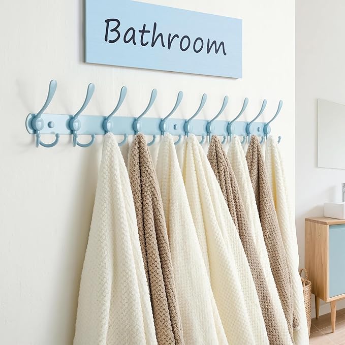Dseap Coat Rack Wall Mount - 38” Long 10-Tri-Hooks Heavy Duty Coat Hanger Rail Wall Hooks for Hanging Coats Hats Clothing Clothes Purse Mudroom Entryway, Blue-NeatNest
