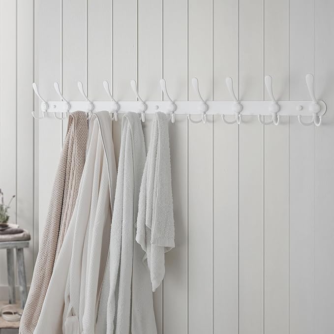 Dseap Coat Rack Wall Mount - 38” Long 10-Tri-Hooks Heavy Duty Coat Hanger Rail Wall Hooks for Hanging Coats Hats Clothing Clothes Purse Mudroom Entryway, White-NeatNest