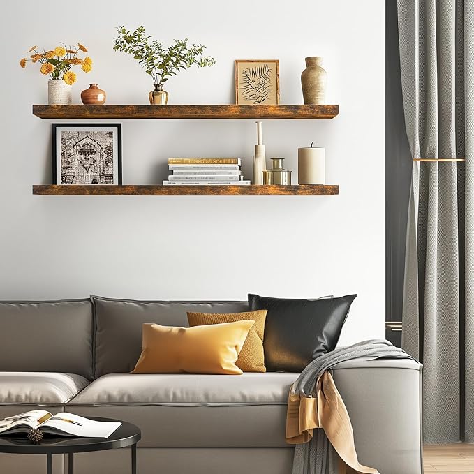 BAYKA Floating Shelves, 48 inches Long Wall Mounted Rustic Wood Shelves for Bathroom, Bedroom, Living Room, Kitchen, Office, Hanging Shelf for Books/Storage/Decor(Rustic Brown,Set of 2)-NeatNest