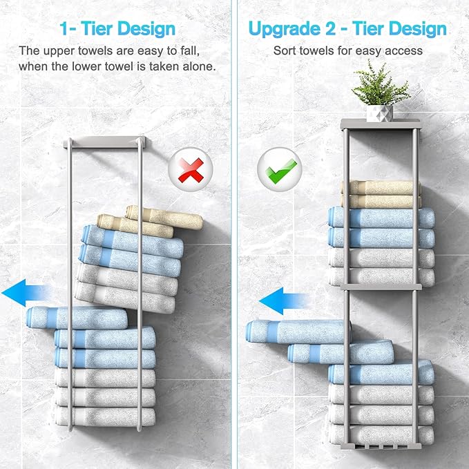 Towel Rack Storage for Bathroom, Wall Mounted Vertical Rolled Towel Organizer Holder with Shelf, Holds Up 6 Large Bath Sheets, Silver Grey
