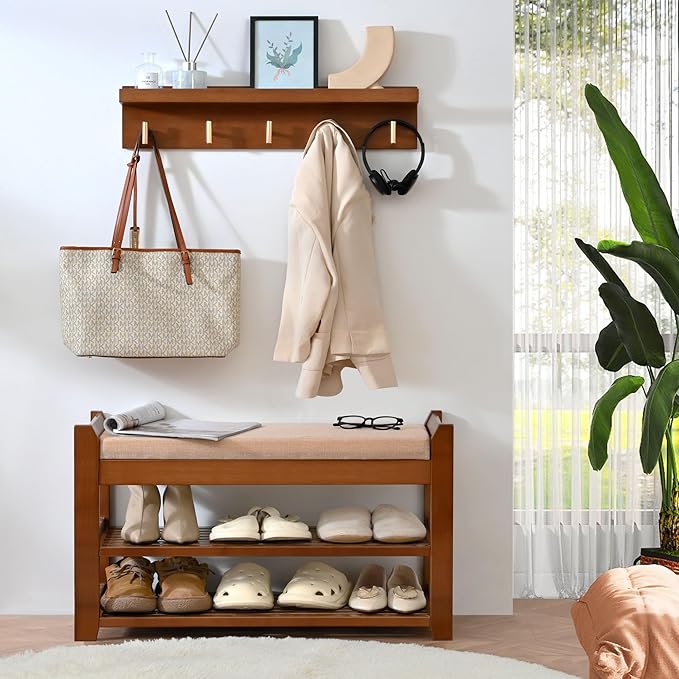Shoe Rack for Front Door Entrance, 28” Entryway Bench with Coat Rack, Hall Tree Shoe Bench with Storage for Entry, Hallway, Bedroom, Living Room-NeatNest