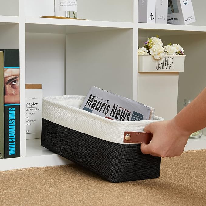 DULLEMELO Toilet Paper Storage Basket with Leather Handles, for Back of Toilet, Bathroom Storage for Towels & Paper (White & Black)-NeatNest