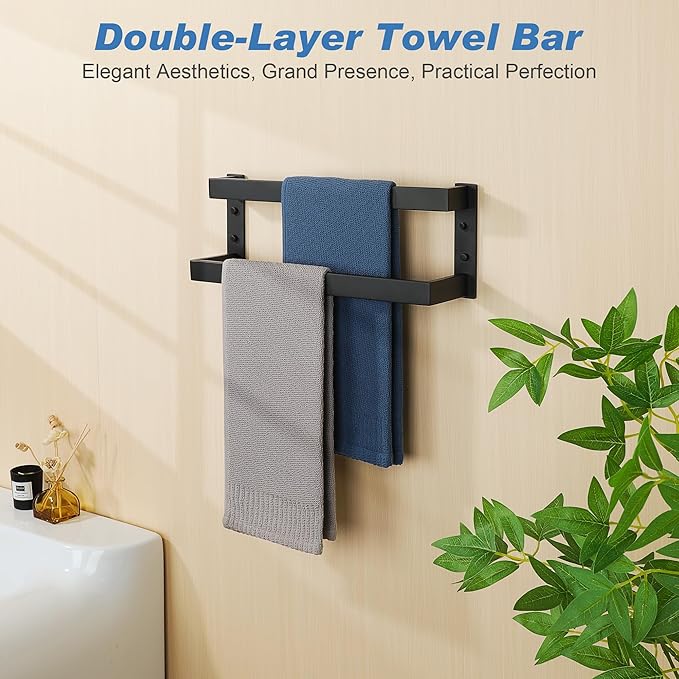 Alise Double-Layer Towel Bar, Matte Black Towel Racks for Bathroom Wall Mounted, Stainless Steel Bathroom Towel Holder, Modern Space Saving Towel Rod, 16"