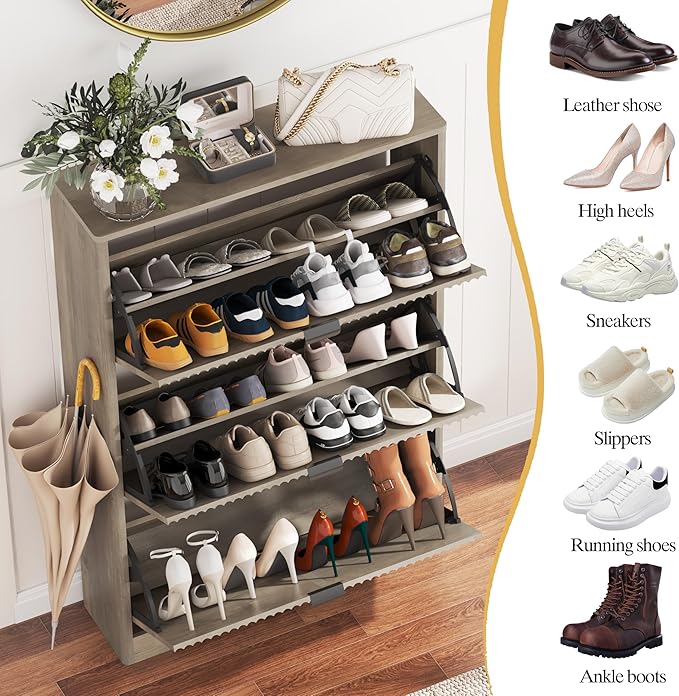 Shoe Cabinet Storage for Entryway with 3 Flip Drawers, Grey Fluted Shoe Cabinet with Adjustable Shelves, Wooden Hidden Shoe Rack Freestanding Narrow Slim Shoes Storage for Hallway, Entrance