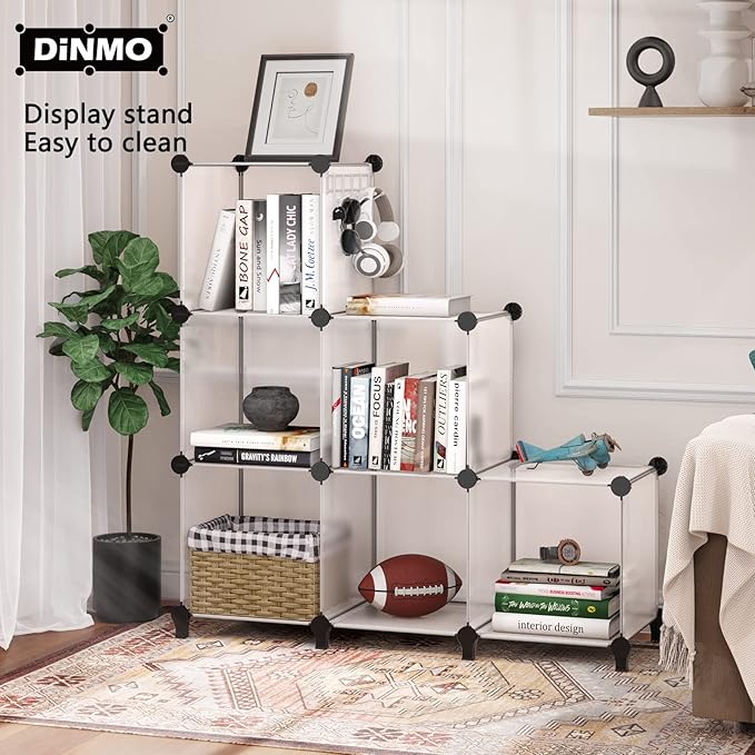 DINMO 6 Cubes Storage Organizer, Bookcase, Display Shelf with Wooden Mallet, Cabinet Storage for Kids, Adult, Office, Bedroom, Bathroom, White-NeatNest