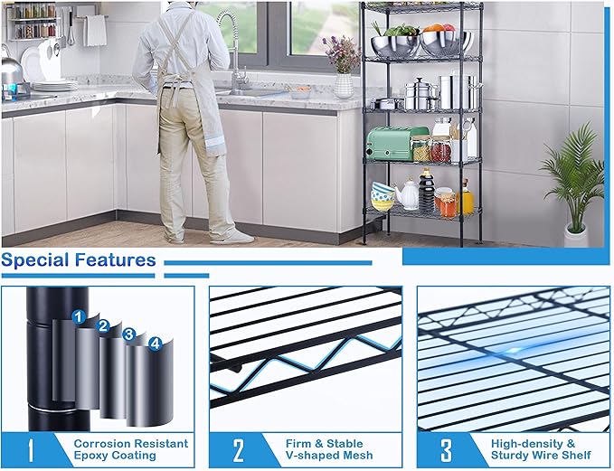 5-Tier Metal Wire Shelving Unit Snack Shelf Height Adjustable Storage Rack NSF Certified Storage Shelves 750 Lbs Capacity Standing Utility Shelf for Laundry Kitchen Pantry Garage Organization