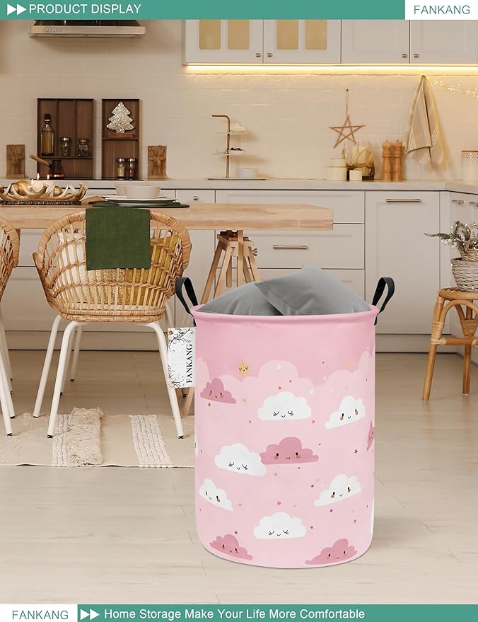 FANKANG Storage Basket, Nursery Hamper Canvas Laundry Basket Foldable with Waterproof PE Coating Large Storage Baskets for Kids Boys and Girls, Office, Bedroom, Clothes,Toys(pink cloud)