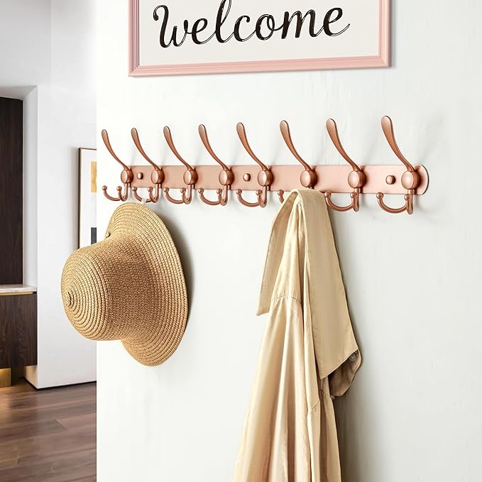 Dseap Coat Rack Wall Mount - 29.5” Long 8-Tri-Hooks Heavy Duty Coat Hanger Rail Wall Hooks for Hanging Coats Hats Clothing Clothes Purse Mudroom Entryway, Rose Gold, Pack of 2-NeatNest