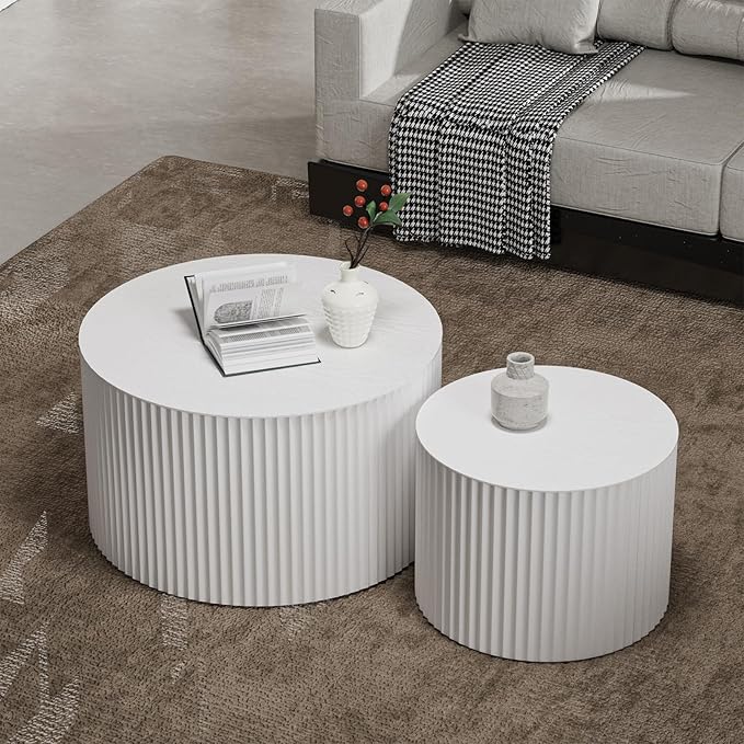Round Wood Coffee Table Set of 2 Modern Circle Nesting Coffee Table Handcrafted Drum Nesting Table Nesting Coffee Tables for Living Room for Small Space (White (D27.56+D19.69 inch))