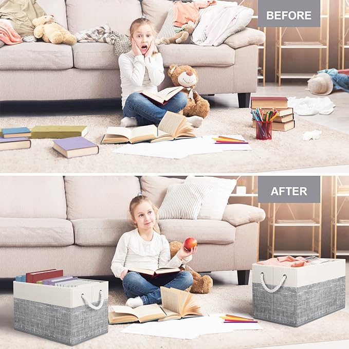 Fab Totes Foldable Storage Baskets - 6-Pack, Organize Toys, Books, Shelves, Closet - Large Storage Box with Rope Handles, Sturdy White & Grey Bins-NeatNest
