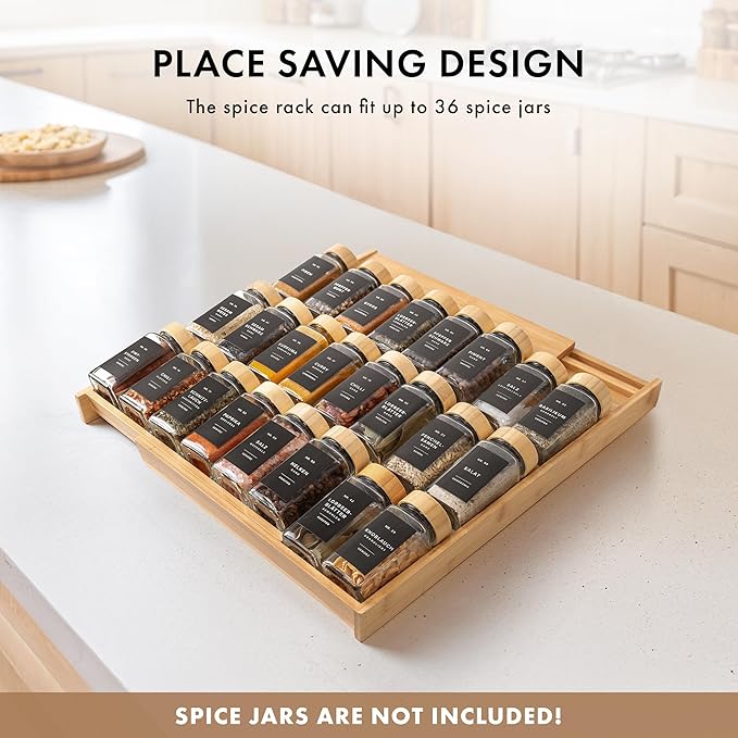 Bamboo Spice Drawer Organizer - Expandable 4 Tier Spice Rack (Need 3" Deep Drawer) 12" to 24" Wide, Seasoning Organizer, Organization Seasoning Rack insert (Jars Not Included)-NeatNest