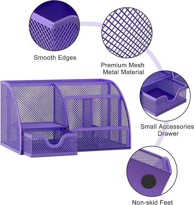 EasyPAG Mesh Desk Organizer, Multi-functional Stationery Organizer for School Supplies, Office Pen Holder for Desk, 6 Compartments Dorm Organization with Drawer, Purple