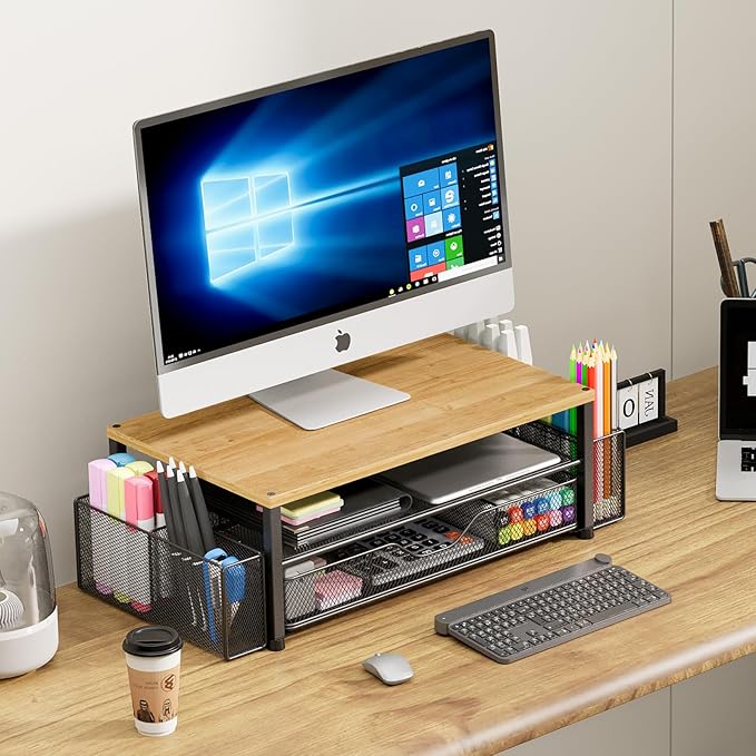 Desk Organizers and Accessories, 2-Tier Computer Monitor Stand Riser with Drawer and 2 Pen Holders, Laptop Stand, Office Desk Accessories for Office Supplies, Oak