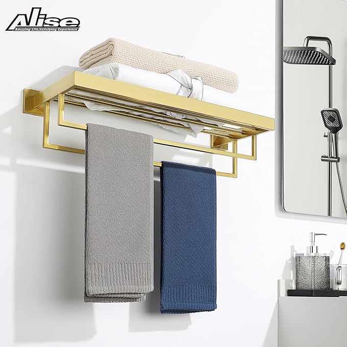 Alise 24 Inch Towel Racks for Bathroom, Towel Rack Wall Mounted with Double Towel Bars, SUS 304 Stainless Steel Towel Shelf, Heavy Duty Hand Towel Holder(Gold Finish)
